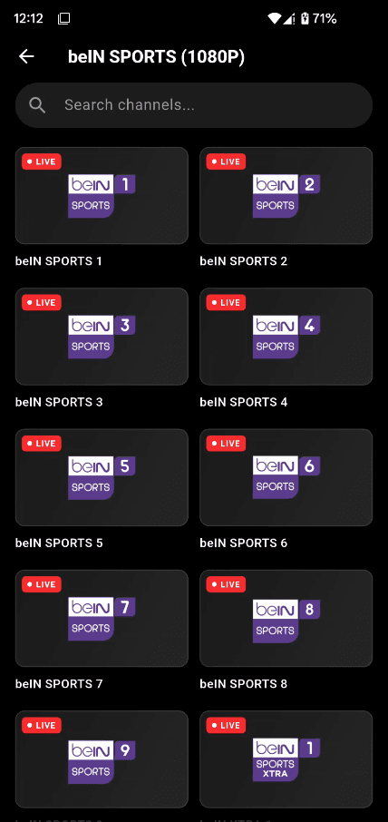 Sports channel list in Vunio Sport